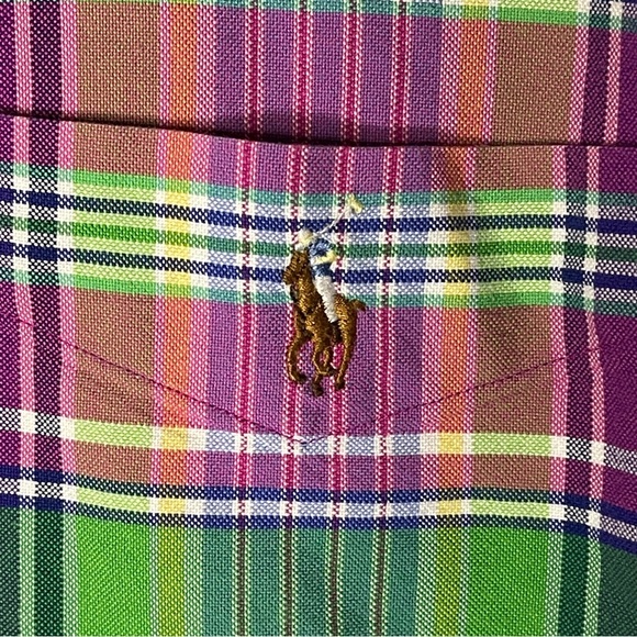 Ralph Lauren Pink Green Plaid Button Up XXL 2XL Flesh Pony Short Sleeve Cotton - Picture 2 of 7